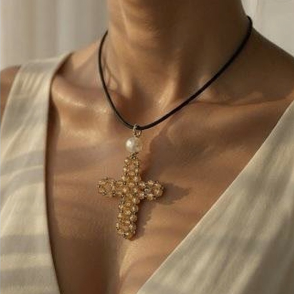 Beaded Champagne Cross Pendant Necklace (Handmade)